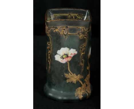 A MOUNT GAY ART GLASS VASE late 19th Century American, the etched cylindrical body enamelled with flowers and gilded to highl