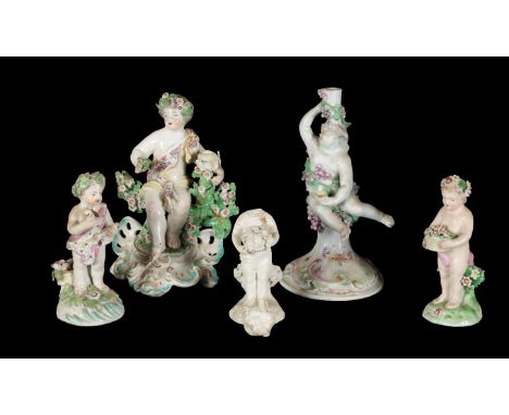 AN 18TH CENTURY DUESBURY &amp; CO DERBY PORCELAIN CANDLESTICK, MODELLED AS A SEATED BOY wearing floral sash and with floral w