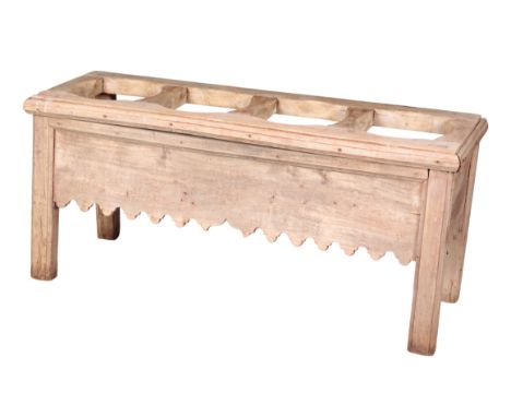 A TREATED WOOD JARDINIERE STAND 20th century, the top with four circular recesses for holding planters, over a plain frieze w