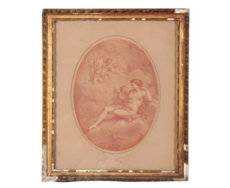 18TH CENTURY SCHOOL IN THE MANNER OF FRANCESCO BARTOLOZZI (1727-1815), YOUNG LADY AND CUPIDS sanguine mezzotint, 21cm x 30cm,