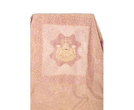 AN ANTIQUE ITALIAN LACE TABLECLOTH finely worked to centre with armorial worded 'Potius Mori Quam Foedari' (Rather to die tha
