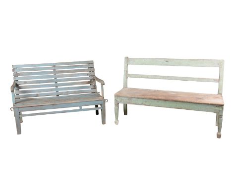 A BLUE-PAINTED GARDEN BENCH early 20th century, 83cm high x 120cm wide x 62cm deep, together with a green-painted hall bench,
