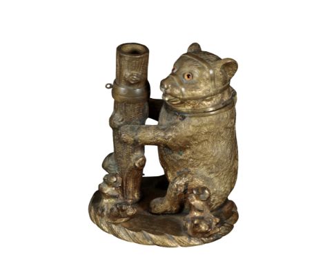 A 19TH CENTURY ORMOLU BEAR BAITING INKWELL naturalistically modelled, the seated bear with lifting head seated next to cylind