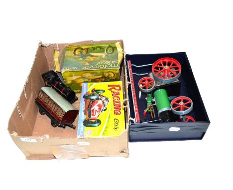 Mamod Traction Engine (G) Louis Marx battery operated remote control Racing Car (boxed) a Mettoy c/w Locomotive, a Hornby coa