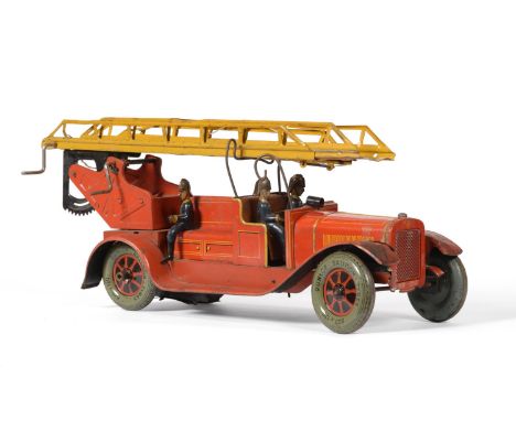 Karl Bub C/w Fire Engine with four tin figures, two part ladder and electric lamp holder to front of cab, registration KB788 