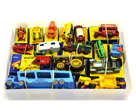 Matchbox 1-75's 4 Tractor (chipped), 9 Fire engine,18 Caterpillar bulldozer, 42 Evening News van 22 Vauxhall Cresta, 23 Carav