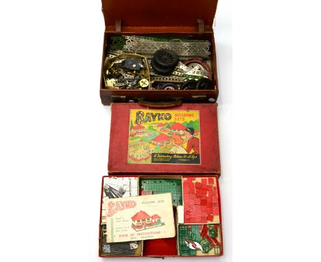 Meccano A Collection Of Loose Parts mostly nickel/silver (F) including some brass parts; a Bayko set and four spoked wheels (