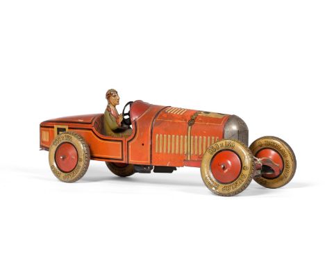 TippCo Racing Car lithographed in red with cream/black lining, pressed radiator with TCO monogram, tin driver figure, adjusta