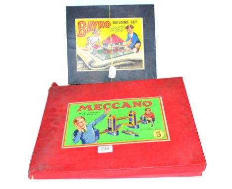 Meccano Set No 5 red/green, part loose in box (G box G-F) and a Bayko No.1 Set (boxed) (2)