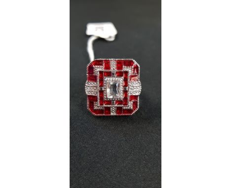HEAVY SILVER ART DECO STYLE GEOMETRIC ENAMEL RING