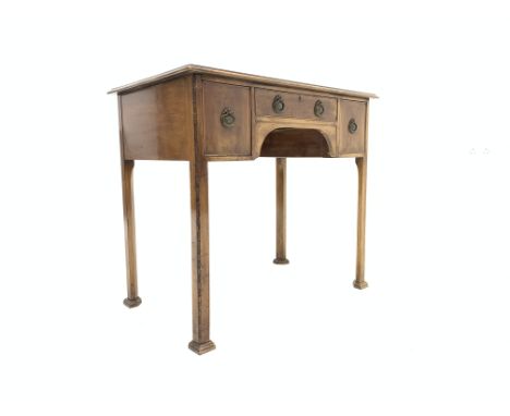 Early 20th century Georgian design knee whole side table, with tooled blue inset writing surface, three drawers, raised on sq