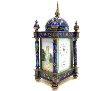 MD of Germany cloisonné and brass cased eight day striking alarm clock, with white painted enamel dial and Roman numeral chap