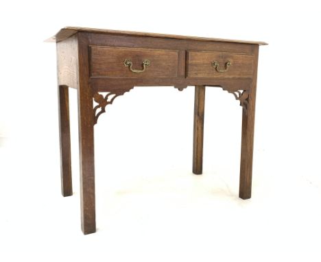 18th Century oak side table, with two frieze drawers, shaped and pierced apron, square chamfered supports, W92cm Condition Re