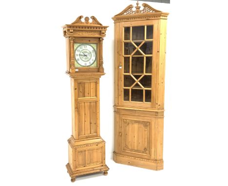 Modern pine long case clock, swan neck pediment above dentil cornice, scroll capped turned pilasters, panelled trunk door enc