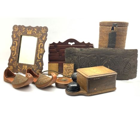 Mahogany stationary rack, W36cm, small elm topped circular stool, carved wooden panel, mirror etc Condition Report & Further 