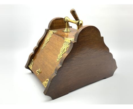 Edwardian oak and brass mounted coal box, lifting front panel and brass shovel Condition Report & Further Details Click here 
