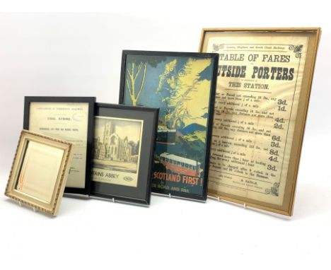 Poster giving the table of fares for outside porters for London, Brighton and South Coast railway, framed letter concerning t