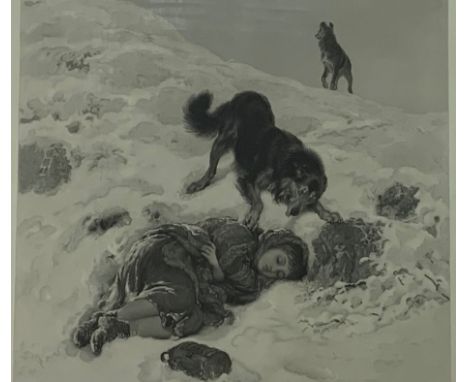 Frederick Stackpoole after Breton Riviere - Large black and white engraving of a child and dogs in a Winter landscape, signed