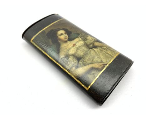 Early Victorian Stobwasser papier mache Cigar case of elliptical form painted with a portrait of a young lady 12.5cm x 6.5cm,