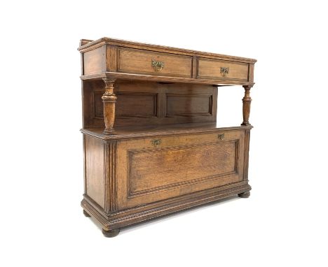 Early 20th century oak sideboard, with raised back, rectangular moulded top, two drawers supported by turned pilasters, open 