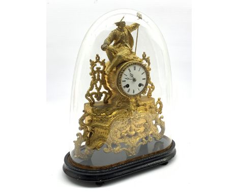 French figural gilt metal mantle clock, with eight day striking movement, white enamel dial and Roman numeral chapter ring, u