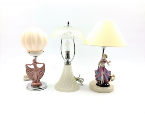 Art Deco chromium plated table lamp with fluted glass shade and pottery figure H34cm, another figural lamp and a glass table 