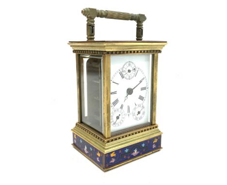 Cloisonné and brass five glass carriage clock, with eight day movement, white painted enamel dial with Roman numeral chapter 