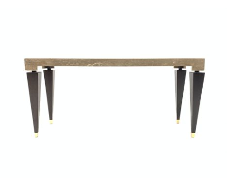 Marble top console table, raised on walnut square tapered supports terminating in brass cups, 160cm x 56cm, H77cm Condition R