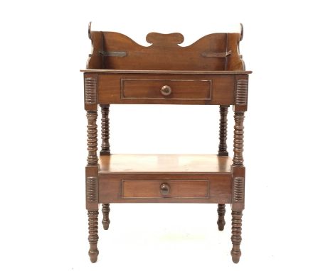 Victorian mahogany washstand, with raised shaped back over top with wash bowl recess, faux frieze drawer, bobbin turned suppo