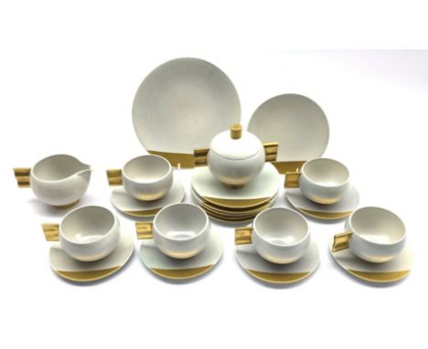 Carlton Ware Art Deco tea set of circular form decorated in grey with gilt handles and highlights comprising six cups and sau