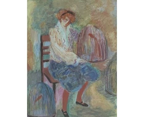 Barbara A Wood limited edition print of a girl with bird cages, signed in pencil 450/975, 47cm x 37cm and another print by th