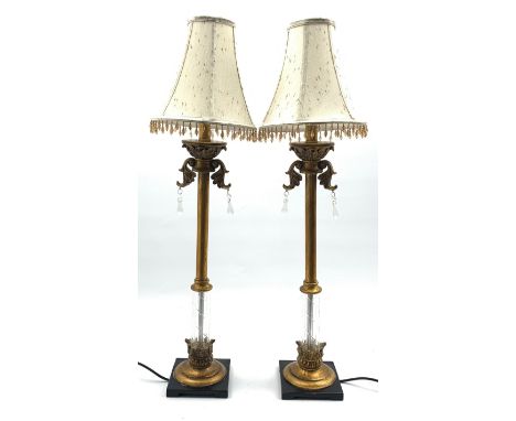 Pair of gilt metal and glass column table lamps, on square bases, H83cm and a Venetian style five branch electrolier    Condi