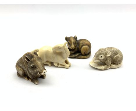 Japanese ivory netsuke in the form of a rat, signed, another in the form of a warthog and two others Condition Report & Furth