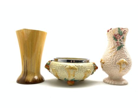 Clarice Cliff Celtic Harvest pattern bowl with chromium rim, 1930s from the Barbola range D17cm, Celtic Harvest pattern jug H