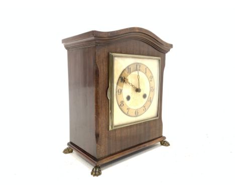 Early 20th century mahogany cased mantle clock, with eight day striking movement, mother of pearl dial with brass and black p