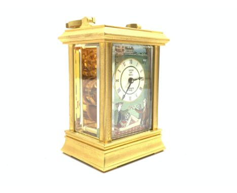 Halcyon Days limited edition carriage clock with enamel dial, brass and bevelled glass case H13cm No.7/100 with certificate i