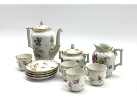 Late 19th Century Dresden coffee set decorated with floral sprays comprising four cups and saucers, coffee pot, cream jug and