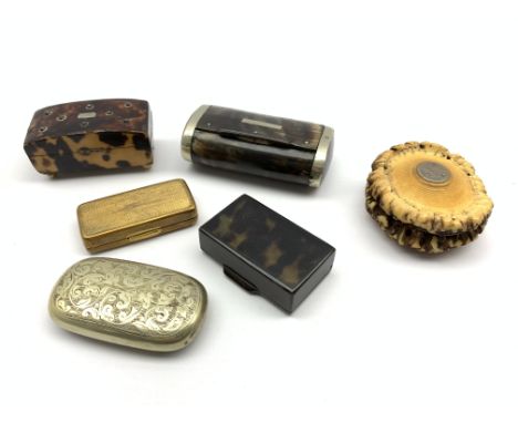 19th Century tortoise shell snuff box inlaid with gold pique, horn snuff box inscribed 'Thomas Duncan' and four other small b