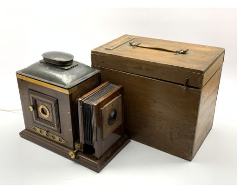 Late 19th Century black Japanned and mahogany magic lantern converted to electricity H35cm in wooden travelling box Condition