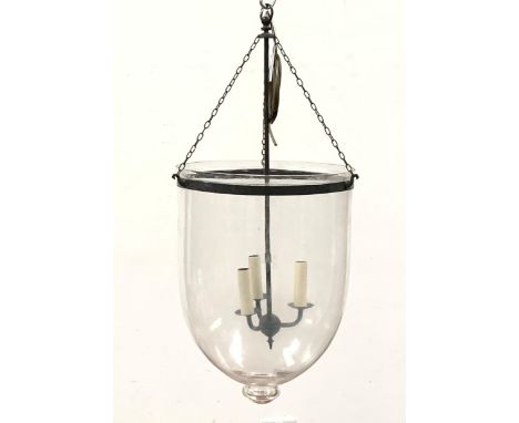 Pair of three light electroliers housed within large glass bell shaped shades, height of shade 46cm Condition Report & Furthe