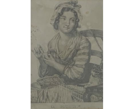 French portrait 'La Devideuse' a girl sitting in a chair winding wool, pencil drawing, 28cm x 22cm Condition Report & Further