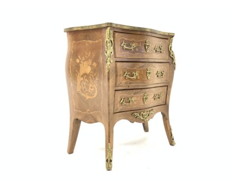 20th century Louis XV style Kingwood commode with three drawers, floral marquetry and gilt metal mounts, W80cm Condition Repo