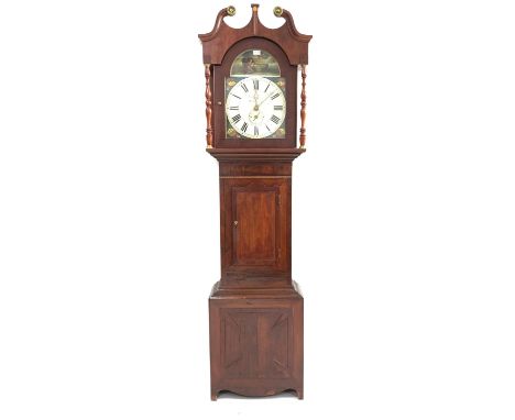 19th century oak and mahogany banded longcase clock, with swan neck pediment above turned pilasters, panelled base, 30 hour m