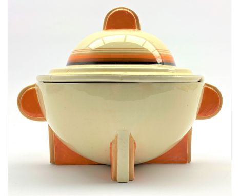 Clarice Cliff Bizarre Stamford shape Art Deco bowl and cover decorated with orange, black and green lines D19cm Condition Rep