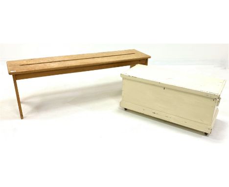 Victorian painted pine blanket box on castors, (W85cm) together with a pine bench with pierced top and arched panel end suppo