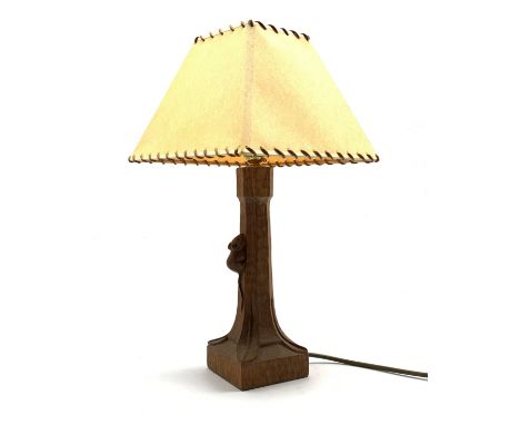 Thompson of Kilburn 'Mouseman' oak table lamp with vellum shade and carved mouse signature H26cm excluding fitting Condition 