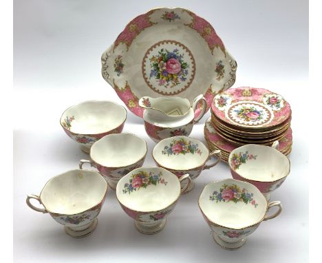 Royal Albert Lady Carlyle pattern tea set comprising six cups and saucers, six plates, milk jug, sugar bowl and cake plate Co
