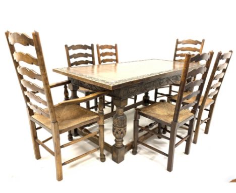 17th century style oak refectory table, rectangular top with lunette carved panels, above frieze carved with interlaced trail