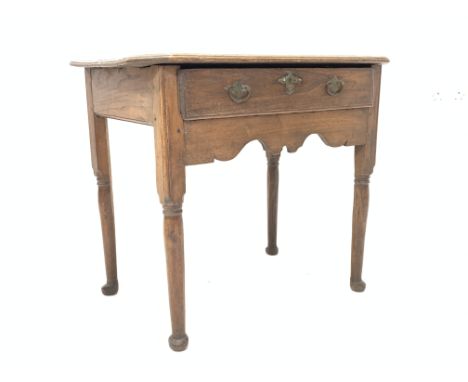 17th century oak side table, octagonal moulded top above single frieze drawer, original brass handles and escutcheon, shaped 