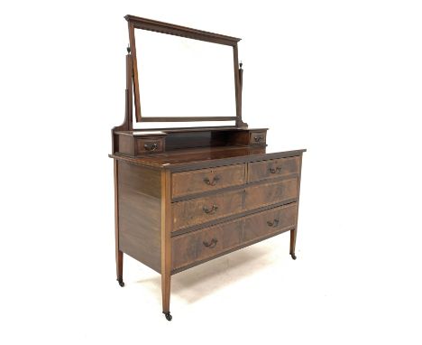 Edwardian inlaid mahogany dressing table with raised mirror back over open shelf and two trinket drawers, two short and two l